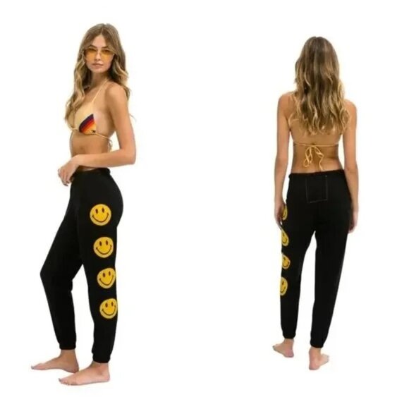 Aviator Nation Blue Smiley Face Sweatpants Joggers Size S - Picture 1 of 7